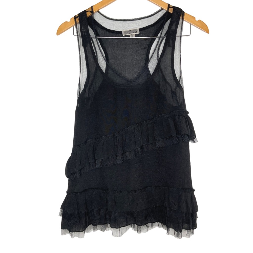 Cecico Ruffled Tulle Mesh Tank Top Black Small Gothic Edgy Racerback